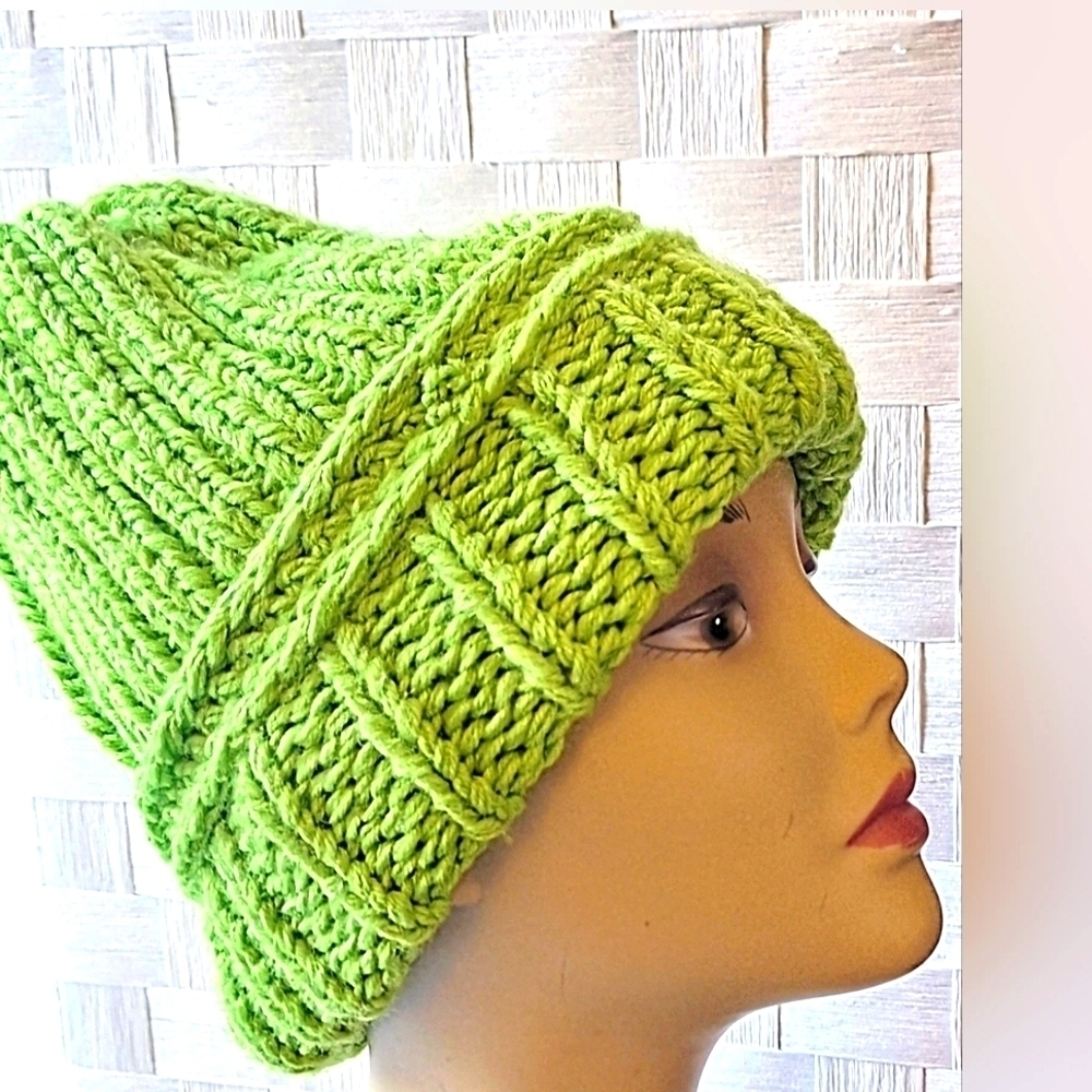 NWT Neon Green Artisanal Beanie With Detachable Faux leather Tag